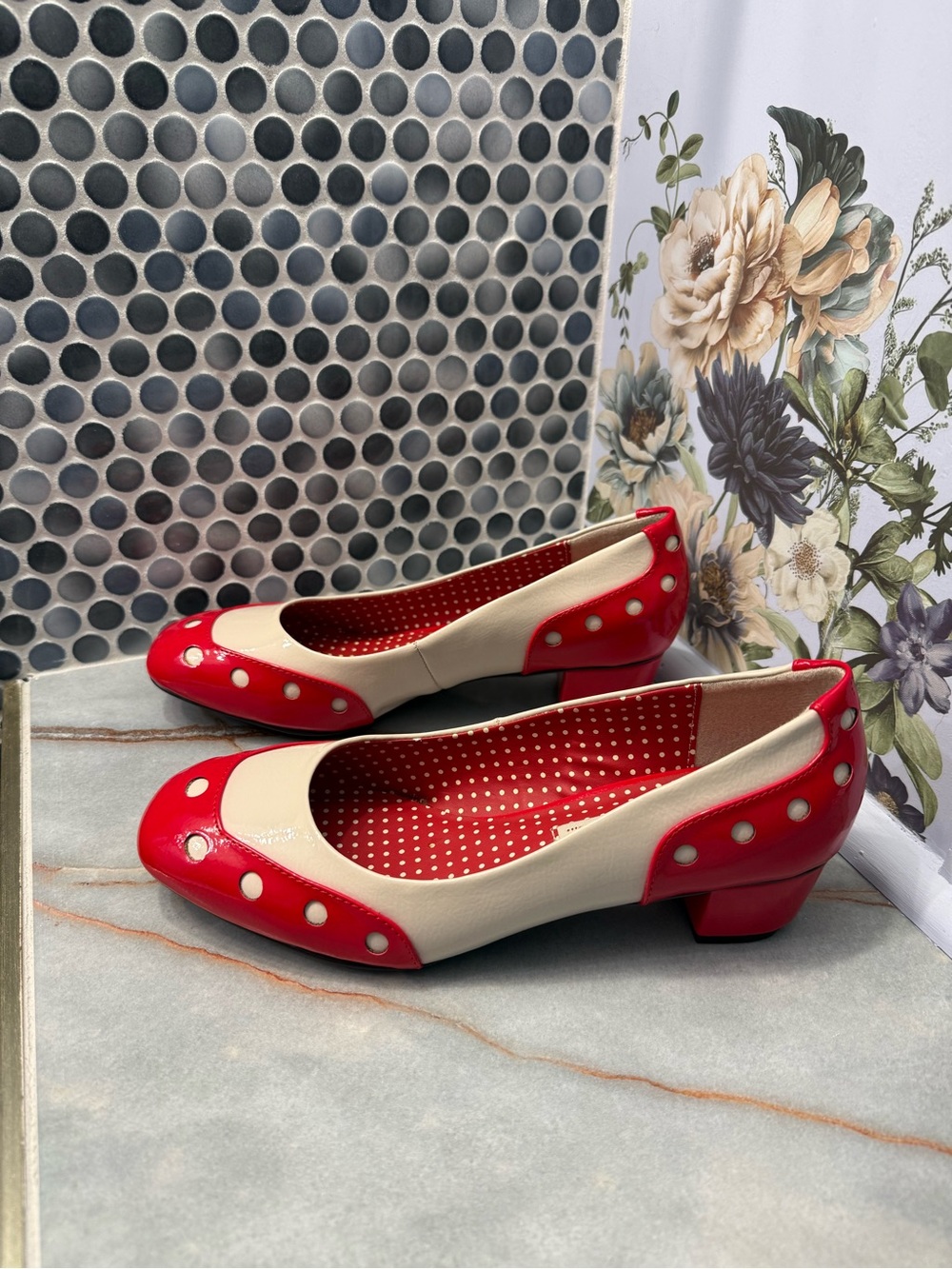 Retro Red and Cream Polka-Dot Low Heel Flats